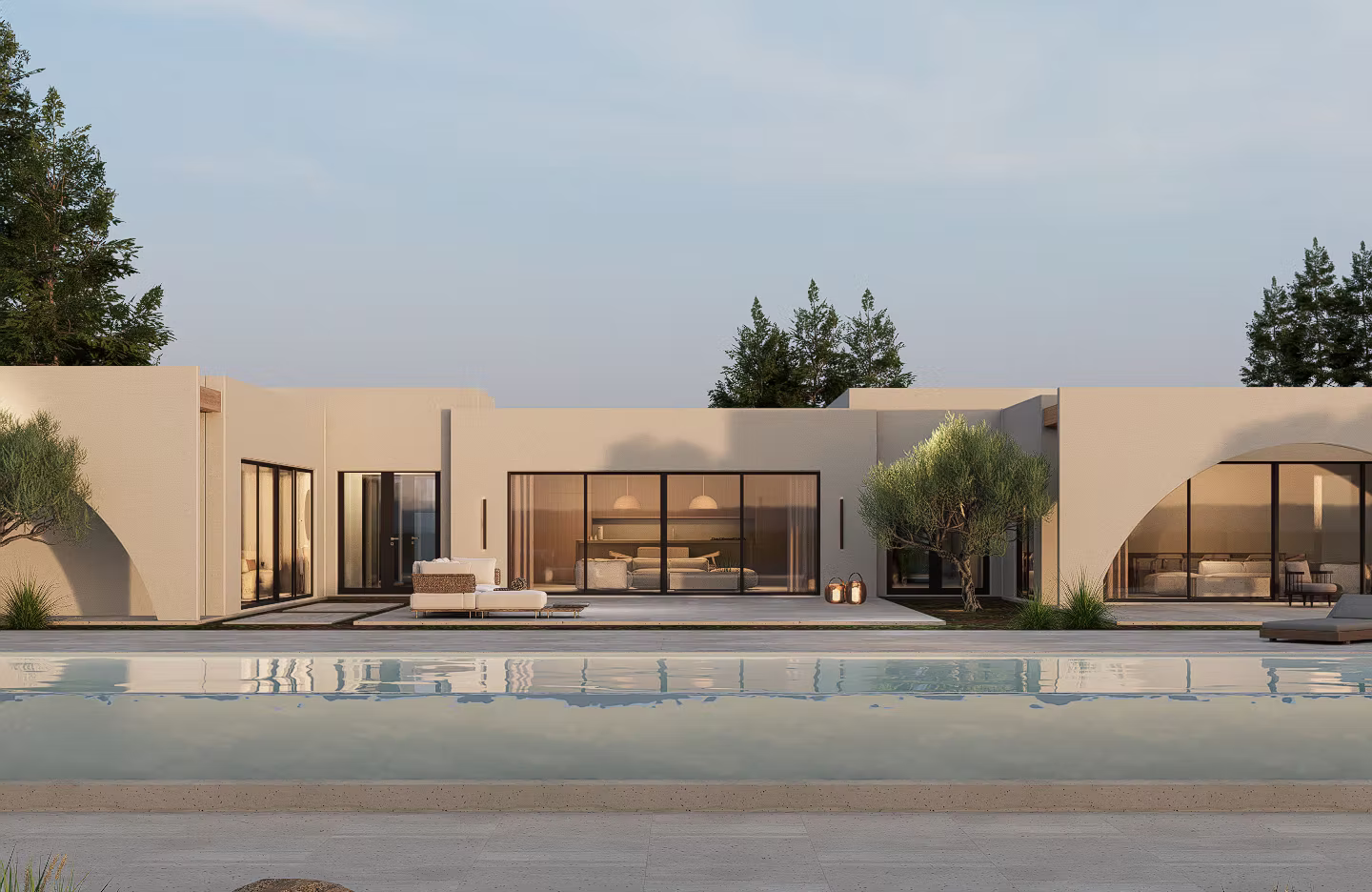Konn Design Studio, two-story home configurator showing exterior view with stone cladding and pool options