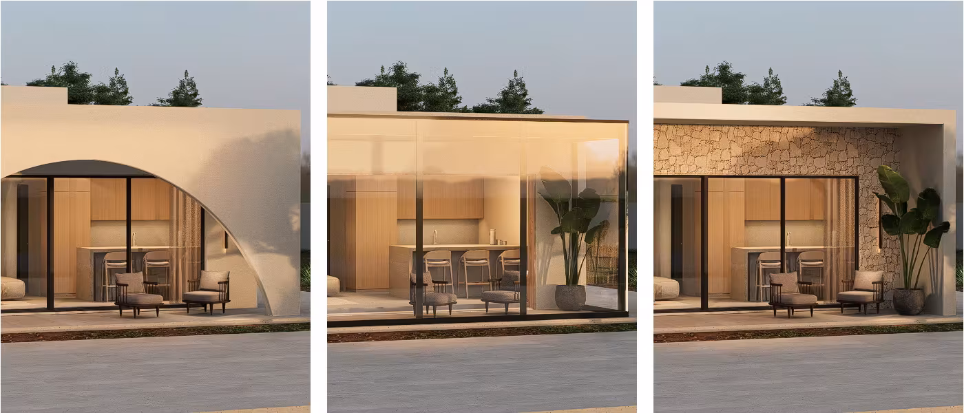 Illustrative renders of the same Konn sample design shown with three different facade treatments.