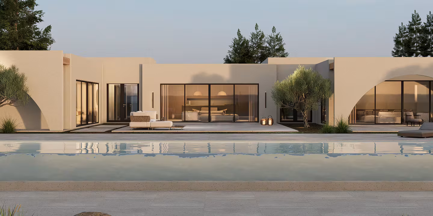 Illustrative render of a single-floor Konn sample design with arched openings, a terrace and a pool.