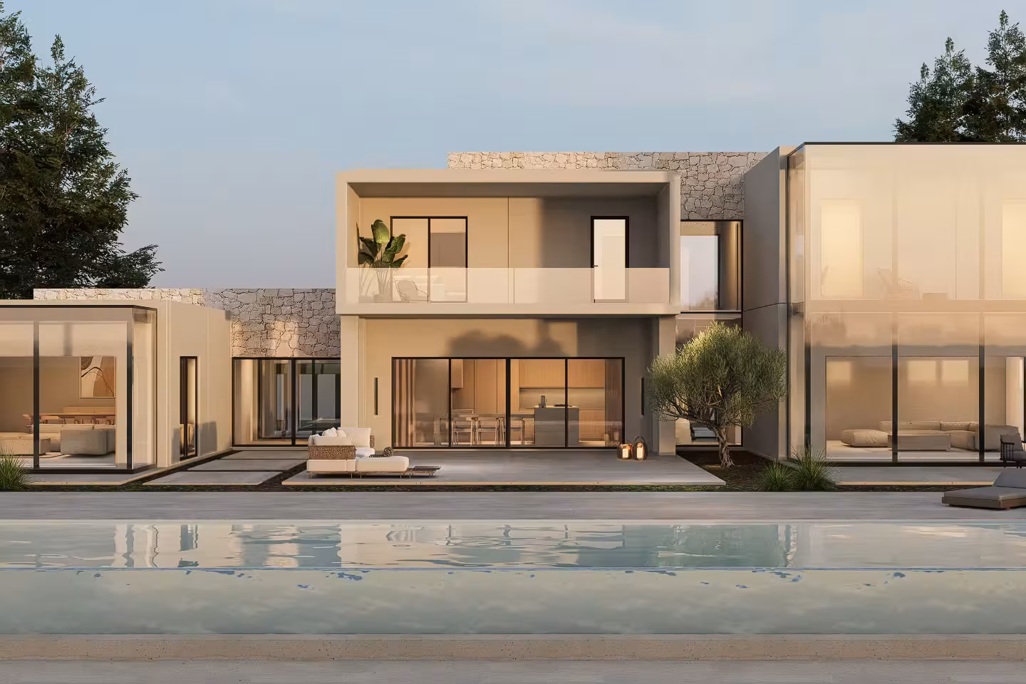 Illustrative render of a two-floor Konn sample design with stone cladding, large glazing and a pool.
